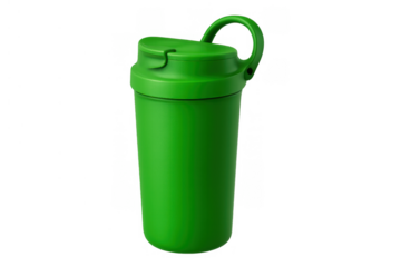 Green travel mug with lid and handle, reuseable, sustainable tumbler for hot and cold drinks, white background