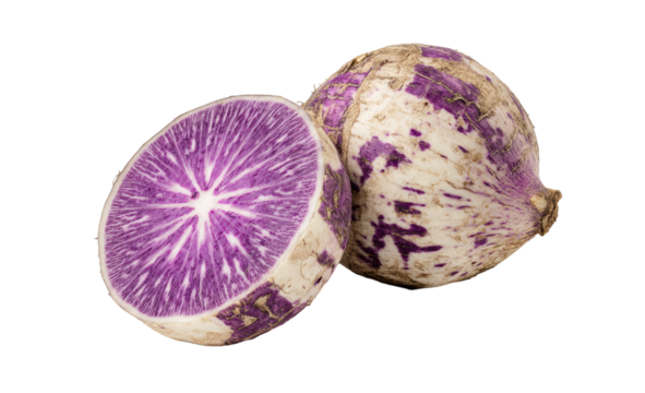 Sliced purple-fleshed root vegetable with white and purple marbled skin