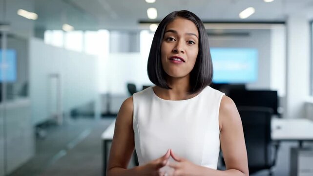 A professional businesswoman speaking directly to the camera in a modern office. A corporate spokesperson explaining a concept for a presentation or video call. Business communication concept