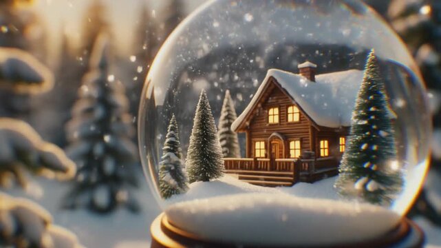Enchanted Winter Cabin Snow Globe Footage