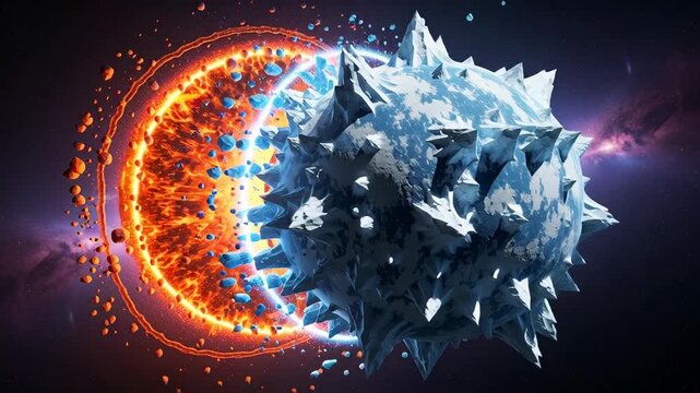 A cosmic sphere split between fiery orange energy and jagged blue ice, representing opposing forces.