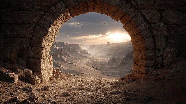 Desert sunset framed by ancient stone archway with golden sand dunes and dramatic colorful evening sky atmospheric travel landscape background - Powered by Adobe
