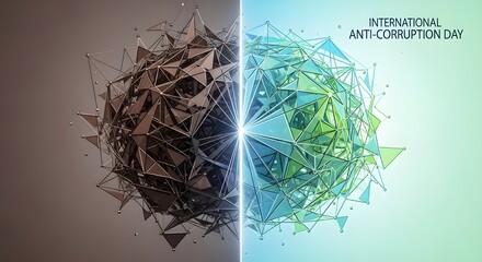 Fight corruption with integrity and ethics for a cleaner world, featuring a striking visual metaphor with contrasting geometric designs to promote change