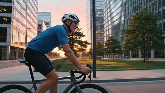 Active older man riding a bicycle through a modern city at sunset. Cyclist commuting past skyscrapers during the golden hour. Healthy urban lifestyle concept