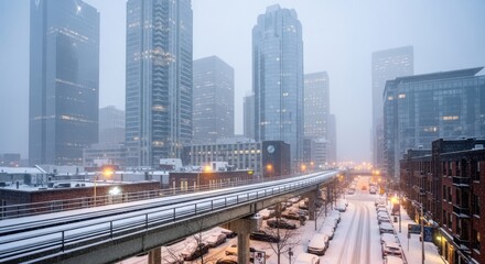 Fototapeta premium Snowy urban landscape with elevated train tracks and city skyline on a foggy day