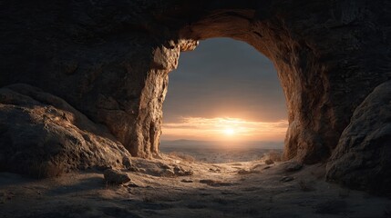 Desert sunset framed by ancient stone archway with golden sand dunes and dramatic colorful evening sky atmospheric travel landscape background