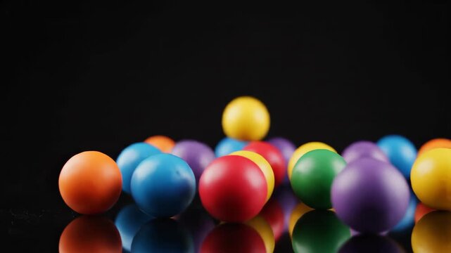 Colorful balls falling and bouncing in slow motion. Abstract background of vibrant eggs on a reflective black surface with copy space