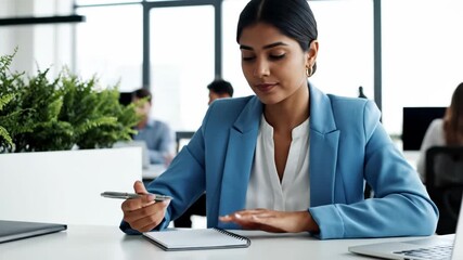 Focused Indian businesswoman writing notes in a notebook at her desk. Professional employee thinking and planning a project in a modern corporate office. Concentration and career concept