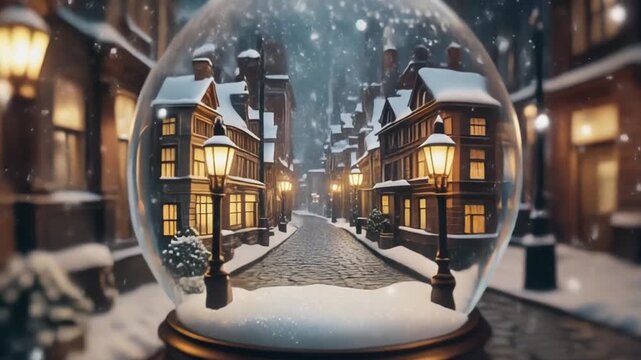 Victorian Era Street Snow Globe with Glowing Lamps
