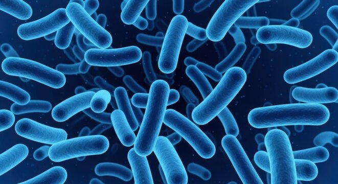 Illustration of blue bacteria cells floating in dark blue liquid