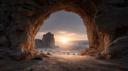 Desert sunset framed by ancient stone archway with golden sand dunes and dramatic colorful evening sky atmospheric travel landscape background