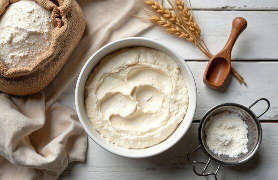 Active sourdough starter in bowl with wheat ears and flour sack on rustic table. Dough preparation process for homemade bread baking with natural ingredients. - Powered by Adobe