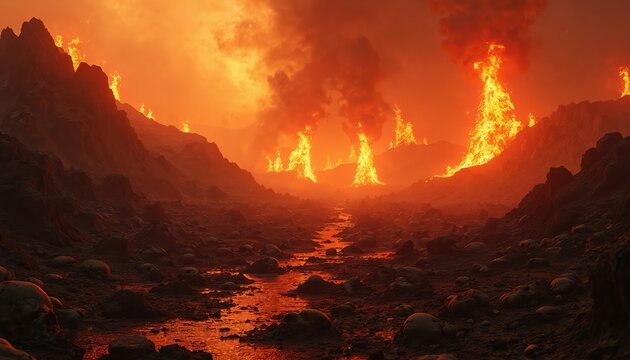 Fiery hellscape landscape with erupting volcanoes and scattered bones. A river of lava flows through desolate rocky terrain under a burning orange sky. Evokes dread and destruction.