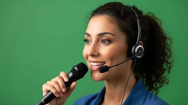 An engaging female presenter captured with cinematic realism, speaking into a microphone under a spotlight, isolated on a green screen for chromakey