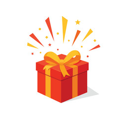 A bright red gift box with a golden ribbon bursts with festive sparkles, symbolizing celebration, joy, and exciting surprises.