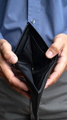 Man in blue shirt holding open empty wallet in hands, conveying financial hardship