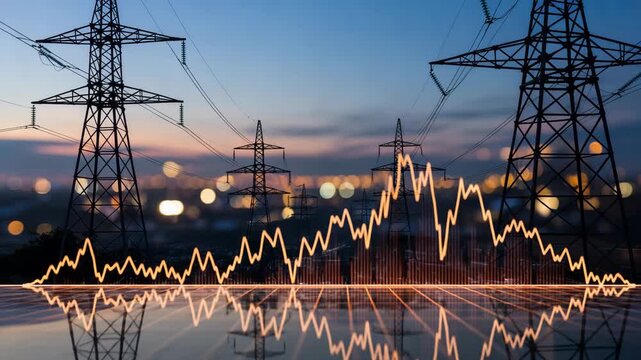 Electricity pylons standing against a twilight sky with a glowing energy data graph reflecting on a dark surface. - Powered by Adobe