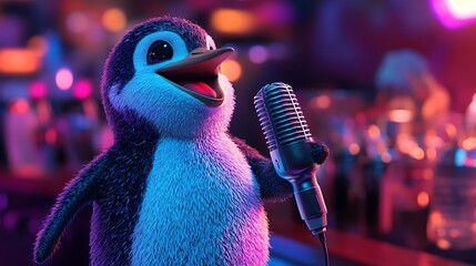 Stuffed penguin holding a microphone at a karaoke night