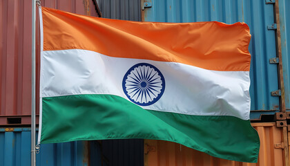 Indian flag flutters against stack of containers. Tricolor represents India, trade, logistic themes. Symbol stands for patriotism, commerce, freight, import, export. It is sign of global business.