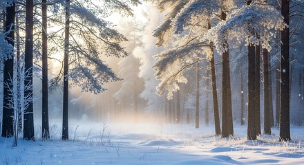 Snowy forest landscape with tall trees covered in snow and sunlight filtering through the misty atmosphere in a serene winter scene.