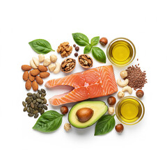 A vibrant overhead shot of various healthy fat sources including salmon, avocado, nuts, seeds, and olive oil, arranged on a white background.