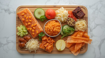 A vibrant assortment of fresh ingredients including salmon, vegetables, fruits, and grains arranged on a wooden board.
