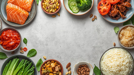A vibrant overhead shot of various healthy food ingredients including salmon, nuts, vegetables, and rice, arranged on a light background.