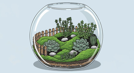 Detailed Vector Illustration of a Zen Garden Style Terrarium with Succulents, Moss, and a Small Wooden Fence
