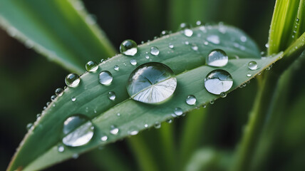 Vibrant green leaf illustration covered in glistening clear water droplets reflecting natural light