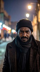 Man in coat and beanie stares intensely into the camera on a city street at night