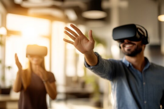 Man and woman using VR headsets in modern office, interacting with virtual space for business training, design or collaborative tech experience.