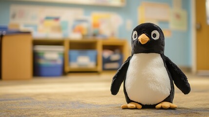 Stuffed penguin in a classroom learning the alphabet
