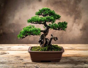 Miniature tree in a brown pot set atop a weathered wood surface. Blurred background