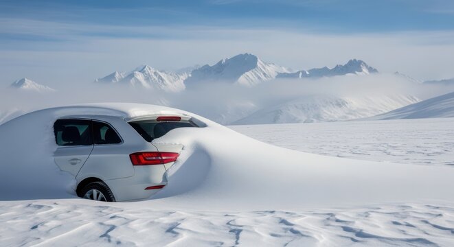 White suv buried deep in snow drifts amidst majestic snowy mountain landscape