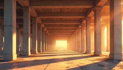 Fototapeta premium Long concrete corridor with many columns in warm sunset light. Empty passage stretches into bright horizon. Old structure offers dramatic perspective and deep shadows.