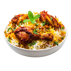 Fototapeta premium Spicy chicken biryani dish with basmati rice and mint garnish on a transparent background, cut out