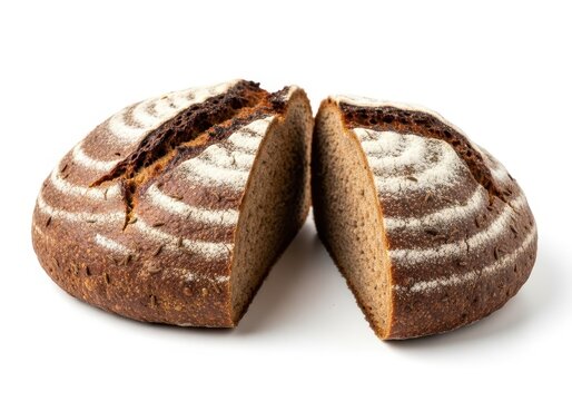 Artisan rye bread loaf, freshly baked and sliced in half isolated on white background