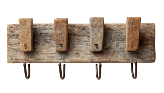 Rustic, wooden rack with four hooks, weathered texture
