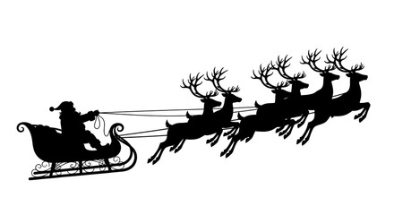 Obraz premium Silhouette of santa claus flying in his sleigh pulled by reindeer