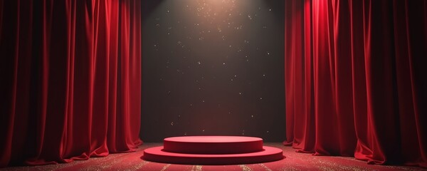 Red stage podium illuminated by spotlight. Velvet curtains frame circular platform. Dramatic lighting creates atmosphere of celebration, success. Illustration represents awards ceremonies