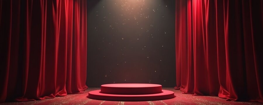 Red stage podium illuminated by spotlight. Velvet curtains frame circular platform. Dramatic lighting creates atmosphere of celebration, success. Illustration represents awards ceremonies