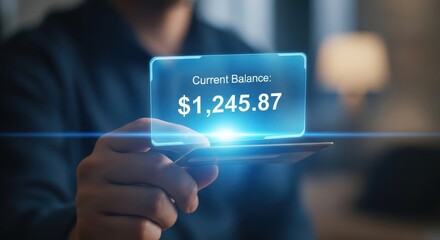 Man holding futuristic transparent screen displaying financial data and dollar amount