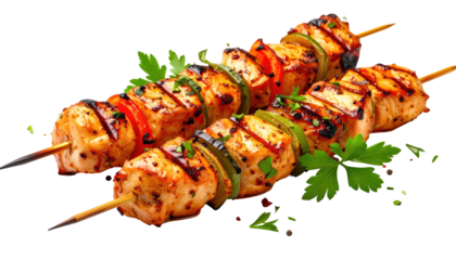 Two grilled chicken and vegetable skewers
