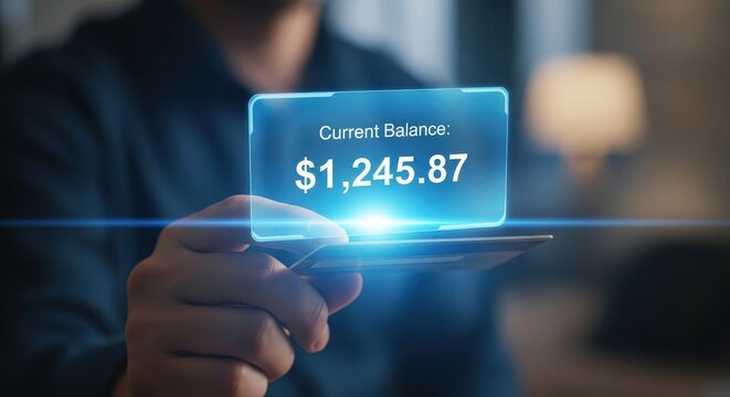 Man holding futuristic transparent screen displaying financial data and dollar amount