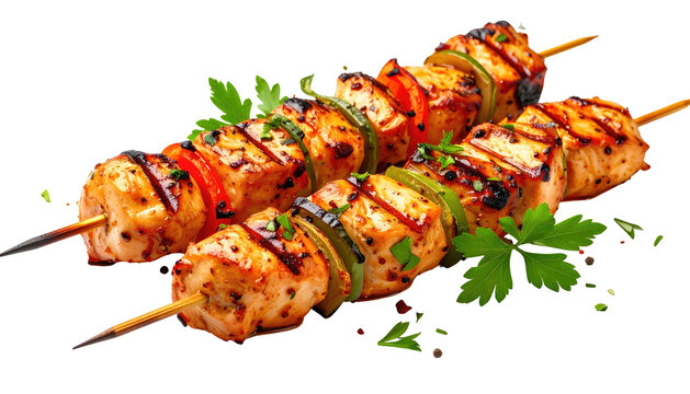Two grilled chicken and vegetable skewers