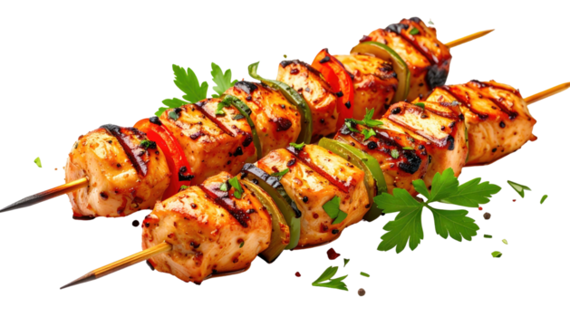 Two grilled chicken and vegetable skewers