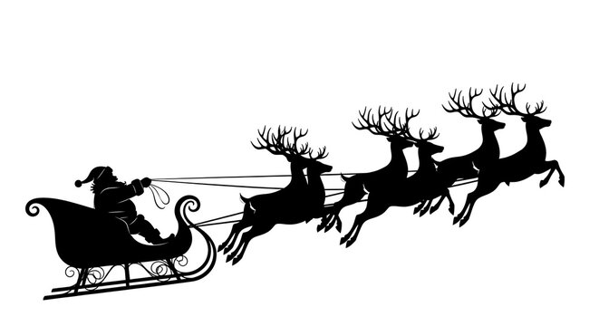 Santa claus silhouette in sleigh pulled by reindeer