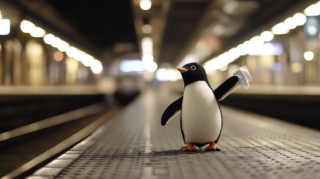 Stuffed penguin in a train station waving a tiny handkerchief