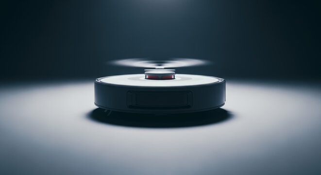 A futuristic robotic device floats suspended in a cool, shadowy environment, showcasing advanced technology. 