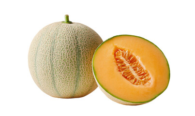 Whole and halved cantaloupe, showing netted rind and juicy orange interior